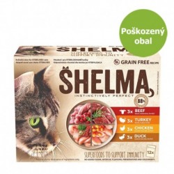 SHELMA Cat kuřecí, hovězí, kachní a krůtí, kapsa 85 g (12 pack) - Poškozený obal - SLEVA 15%
