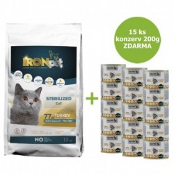 IRONpet Cat Sterilized Turkey (Krůta) 12 kg + 15 konzerv ZDARMA