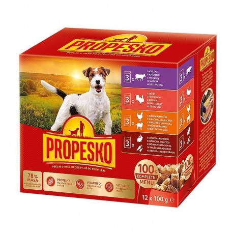 PROPESKO Dog kuřecí/jehněčí, krůta, králík s mrkví, kapsa 100 g (12 pack)